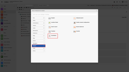 Screenshot des toujou Backends, das anzeigt, wie man das Countdown-Element aus der Auswahl der Widgets waehlt