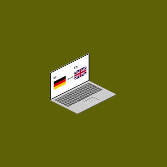 Ein Laptop zeigt die Flaggen von Deutschland und Großbritannien, symbolisiert den Austausch zwischen den beiden Sprachen.