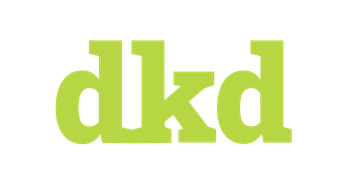 Ein modernes Logo in Grün und Schwarz, das die Buchstaben dkd und die Worte Entwicklung, Kommunikation, Design zeigt.