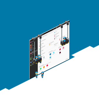 Zwei Arbeiter in blauen Helmen stehen auf einer Plattform und betrachten eine Software-Oberfläche mit Farboptionen.