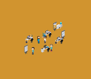 Büroszene mit Pixelmenschen auf orangenem Hintergrund