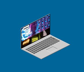 Ein Laptop mit einem bunten Bildschirm, der eine futuristische Benutzeroberfläche und verschiedene Grafiken zeigt.