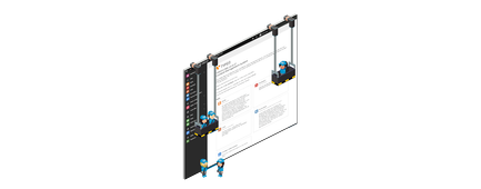Zwei Bauarbeiter in blauen Helmen arbeiten an einem großen Bildschirm, der Informationen über TYPO3 anzeigt.