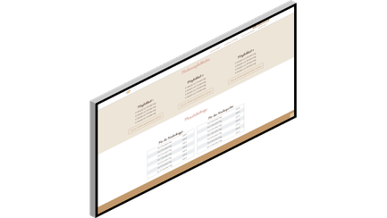Eine schräg dargestellte Webseite zeigt eine Tabelle mit Produktdetails und Preisen in einem eleganten Design.
