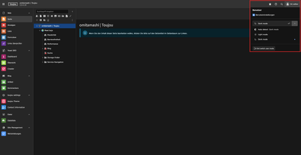Screenshots eines TYPO3-Backends, das den Dark-Modus ganzheitlich zeigt