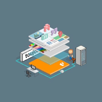 Eine stilisierte Darstellung eines digitalen Arbeitsplatzes mit verschiedenen Ebenen von Anwendungen und einem Benutzer.