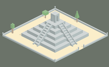 Eine stilisierte Pyramide mit mehreren Treppen und einem kleinen Tempel auf der Spitze, umgeben von Bäumen.