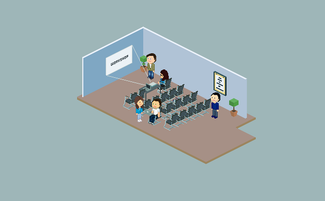 Eine Gruppe von Menschen sitzt in einem Raum, während ein Referent eine Präsentation hält und auf eine Folie zeigt.