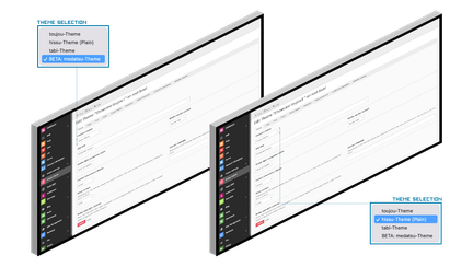 Zwei Computerbildschirme zeigen eine Benutzeroberfläche zur Auswahl von Themes für eine Website, mit verschiedenen Optionen.