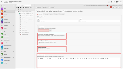 Screenshot des toujou Backends, das mit roten Rahmen weitere Optionen anzeigt.
