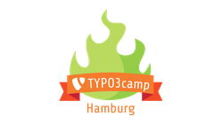 Ein stilisiertes Logo mit einer grünen Flamme und dem Schriftzug 'TYPO3camp Hamburg' auf einem orangefarbenen Banner.