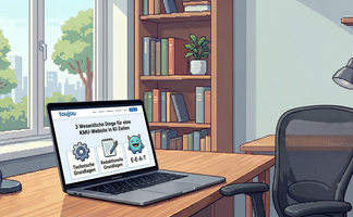 KI-generiertes Bild, das einen Schreibtisch, Stuhl und Laptop zeigt, auf dem Icons zum Thema Website in KI-Zeiten zu sehen sind, im Hintergrund steht ein buntes Bücherregal und ist ein Fenster mit Bäumen zu sehen