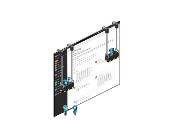 Zwei Bauarbeiter in blauen Helmen arbeiten an einem großen Bildschirm, der Informationen über TYPO3 anzeigt.