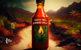 A virtual bottle of sriracha before an abandoned road reading "facts tell, stories sell"