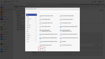 Screenshot vom toujou-Backend, dass zeigt, wie ein Tab-Element erstellt wird im roten Kästchen