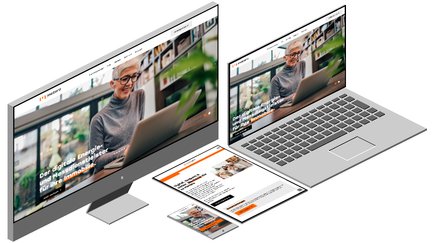Ein modernes Setup mit einem Desktop-Monitor, Laptop und Smartphone, die die metera-Website anzeigt.