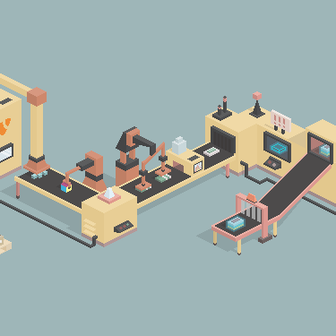 Eine moderne Produktionslinie mit Robotern und Förderbändern, die verschiedene Maschinen und Geräte umfasst.