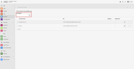 Screenshots eines TYPO3-Backends, das das Suchfeld bei Formularen hervorhebt