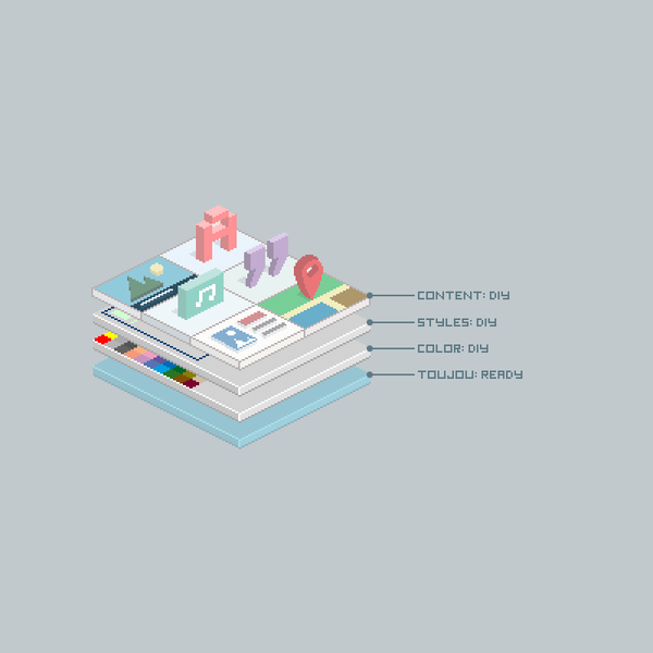 Bunte, gestapelte Elemente zeigen kreative DIY-Inhalte, einschließlich Musiknoten und Standortmarkierungen.