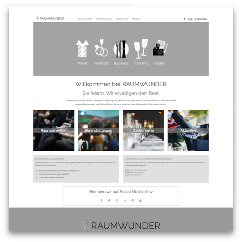 Die Webseite von RAUMWUNDER präsentiert verschiedene Dienstleistungen für Feiern und Veranstaltungen in einem modernen Design.