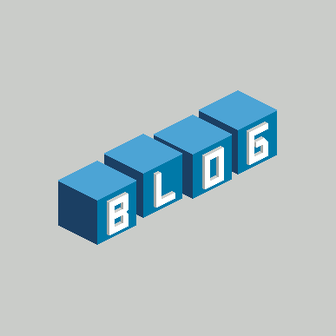 Die stilisierten blauen Würfel bilden das Wort 'BLOG' in einer modernen Schriftart ab.