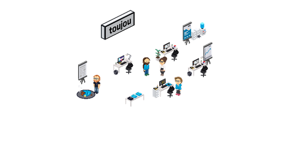 Eine Gruppe von Menschen steht um einen Tisch, während sie an einem Projekt arbeiten und Notizen machen.