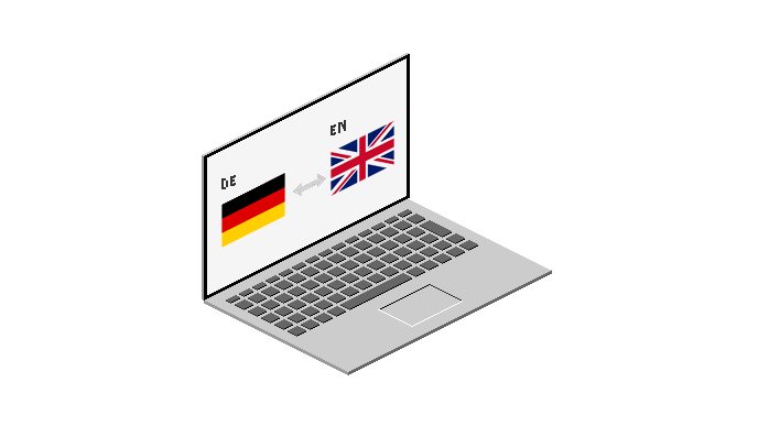 Ein Laptop zeigt die Flaggen von Deutschland und Großbritannien, symbolisiert den Sprachwechsel zwischen Deutsch und Englisch.