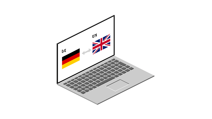 Ein Laptop zeigt die Flaggen von Deutschland und Großbritannien, symbolisiert den Sprachwechsel zwischen Deutsch und Englisch.