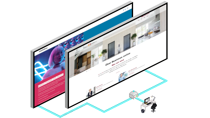 Zwei Computerbildschirme zeigen verschiedene Webseiten, darunter eine mit einem modernen Bürointerieur und eine mit einem Porträt.