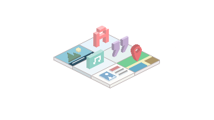 Die Szene zeigt verschiedene Bausteine für eine Website, der auf eine Anordnung von Symbolen und Bildern in einem modernen, pixelartigen Raum zeigt.