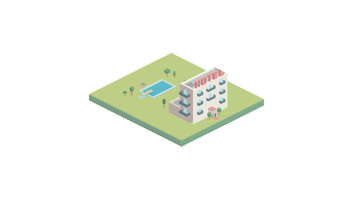 Ein modernes Hotel mit einem Pool und Bäumen, umgeben von orangefarbenem Terrain und geometrischen Formen.