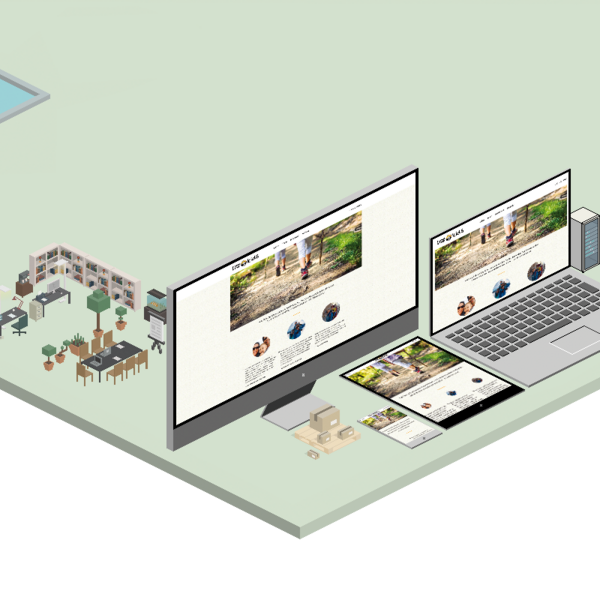 Ein kreativer Arbeitsbereich mit technischen Geräten, die eine entspannende Website präsentieren, umgeben von einer ruhigen Umgebung.