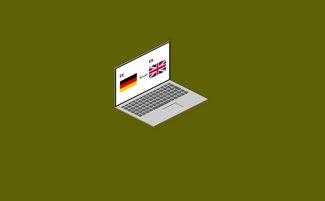Ein Laptop zeigt die Flaggen von Deutschland und Großbritannien, symbolisiert den Austausch zwischen den beiden Sprachen.
