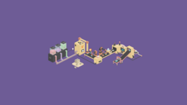 Die toujou-Produktionskette als Pixelgrafik vor violettem Hintergrund