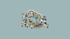 Office-Situation Pixelgrafik einer Büroeinrichtung mit Mitarbeitern auf hellem Grund