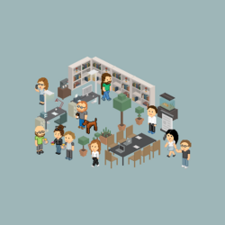 Pixelgrafik einer Büroeinrichtung mit Mitarbeitern auf hellem Grund