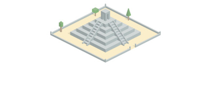 Eine stilisierte Pyramide mit mehreren Stufen und einer kleinen Struktur an der Spitze, umgeben von Bäumen und Sand.