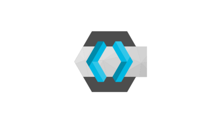 Ein stilisiertes Logo mit zwei blauen spitzen Klammern auf einem grauen, sechseckigen Hintergrund.