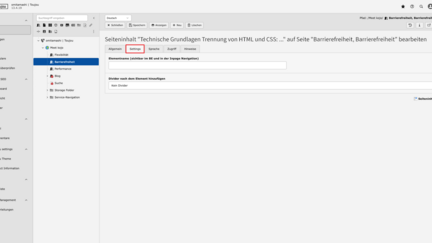 Screenshots eines TYPO3-Backends, das den Reiter Settings in Elementen zeigt