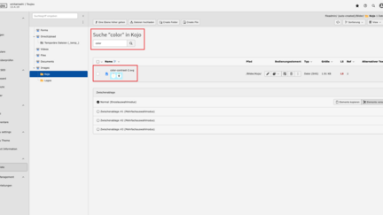Screenshots eines TYPO3-Backends, das die Dateisuche in einem Ordner im Fileadmin zeigt