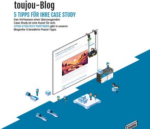 Die Illustration zeigt eine kreative Büroszene mit Charakteren, die an einer Case Study arbeiten, und einem großen Bildschirm mit Bloginhalten.