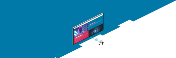 Ein futuristischer Bildschirm zeigt eine digitale Präsentation mit bunten Grafiken und einem auffälligen 'YES'-Schild.