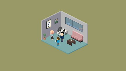 In einer Büroszene steht eine Frau neben dem Schreibtisch, im Hintergrund ist ein Sofa zu sehen