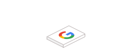 Ein stilisiertes Google-Logo auf einer weißen Plattform, die leicht schräg steht und einen modernen Look vermittelt.