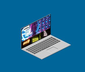 Ein Laptop mit einem bunten Bildschirm, der eine futuristische Benutzeroberfläche und verschiedene Grafiken zeigt.