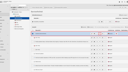 Screenshots eines TYPO3-Backends, das die Listenansicht zeigt, bei der ein Element angeklickt und rot umrahmt ist