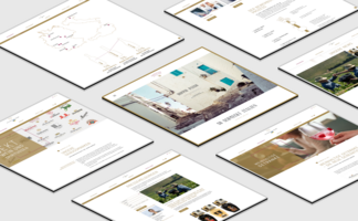 Mehrere digitale Bildschirme zeigen ansprechende Inhalte über Weine, Sekt und Spirituosen in einem modernen Layout.