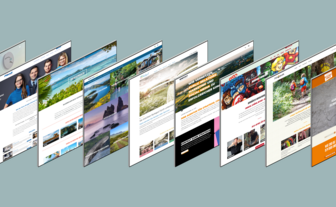 Die Darstellung mehrerer toujou-Webseiten zeigt eine Vielfalt an Inhalten, von Reisen bis zu Marketingstrategien, in lebendigen Farben.