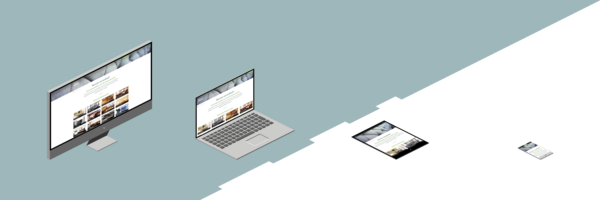 Ein Desktop, Laptop, Tablet und Smartphone zeigen eine ansprechende Webseite mit Bildern von modernen Innenräumen und Dienstleistungen.