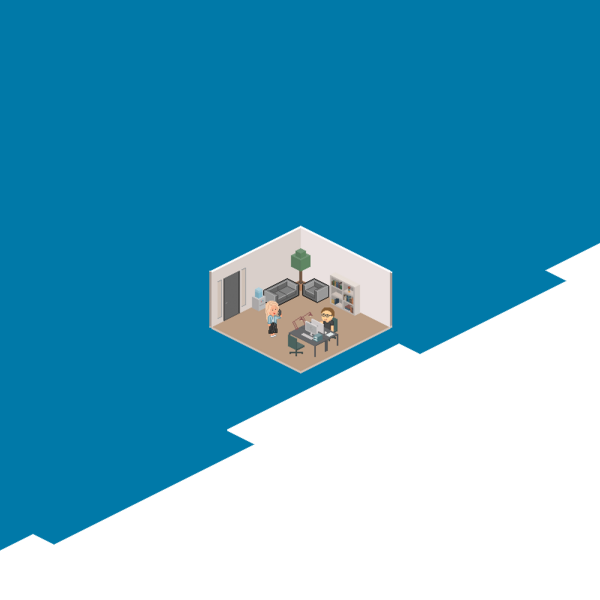 In einem modernen Raum stehen zwei Personen, während eine am Tisch an einem Laptop arbeitet und eine andere zuschaut.